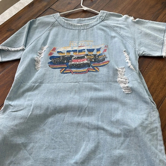 Zen Blue Light Wash denim mini dress tunic oversized shirt Chevy sz One Size - Picture 10 of 16